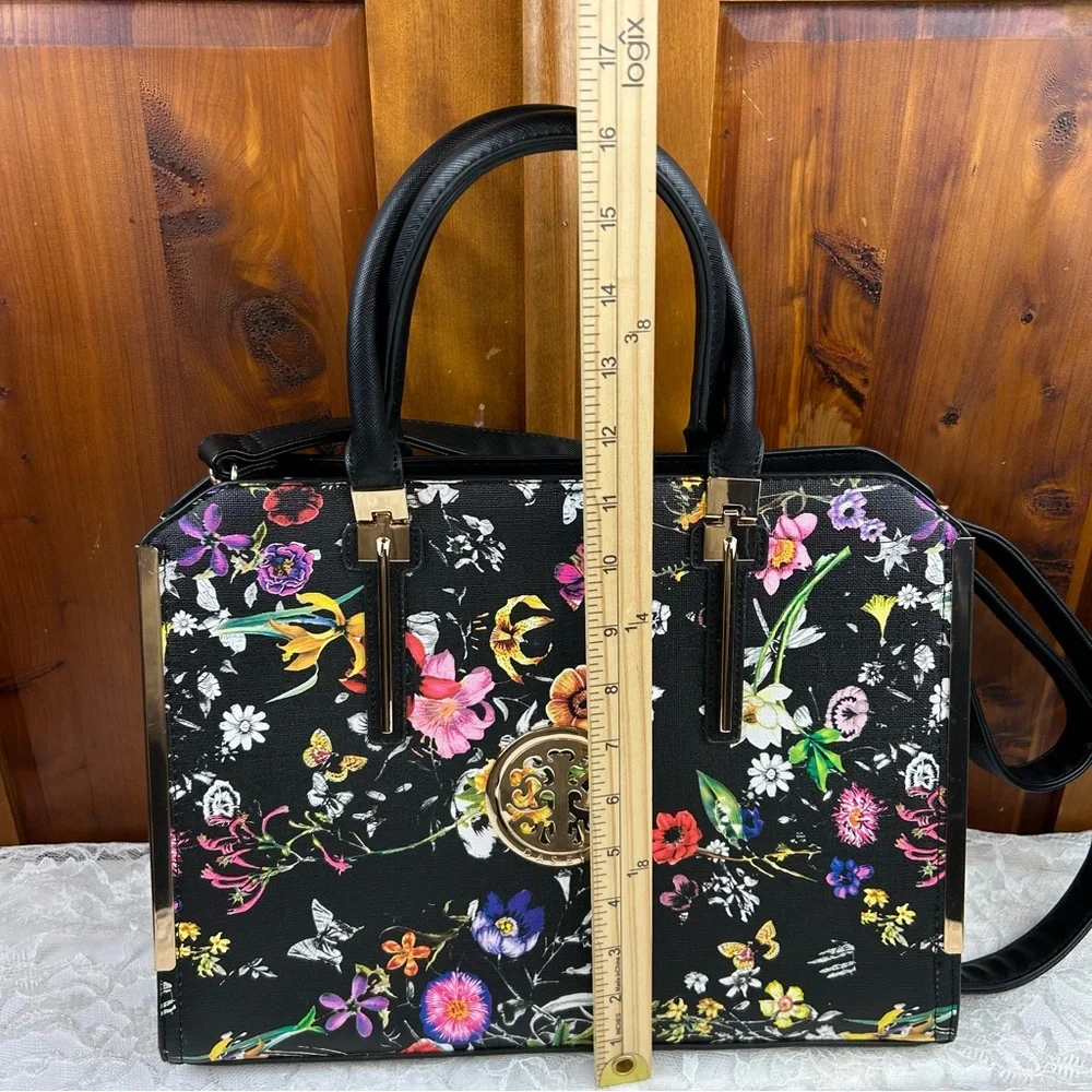 DASEIN Large Vegan Leather Floral Black Flower Satchel Handbag Shoulder Tote